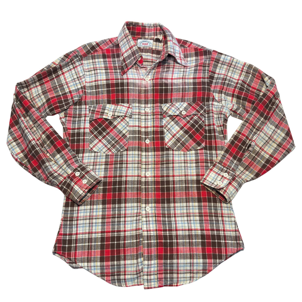 Vtg 80s Levis Flannel Shirt Mens M Red Brown Western Country Made in USA *Read